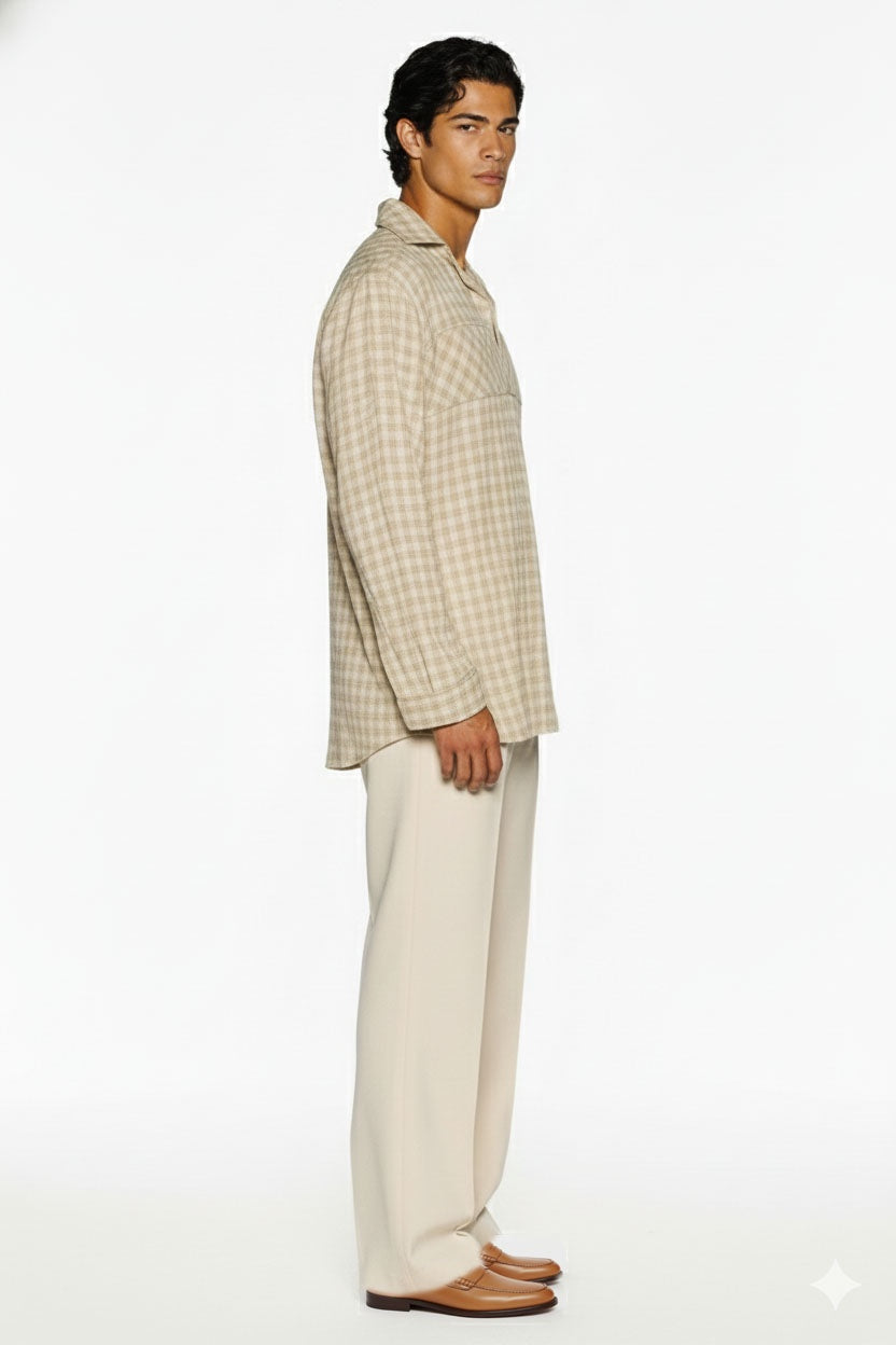 Beige checkered long-sleeve casual shirt modeled in relaxed smart-casual style