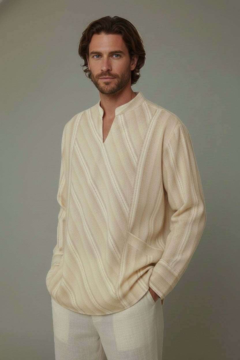 Beige woven textured kurta shirt shown on model in relaxed smart-casual look
