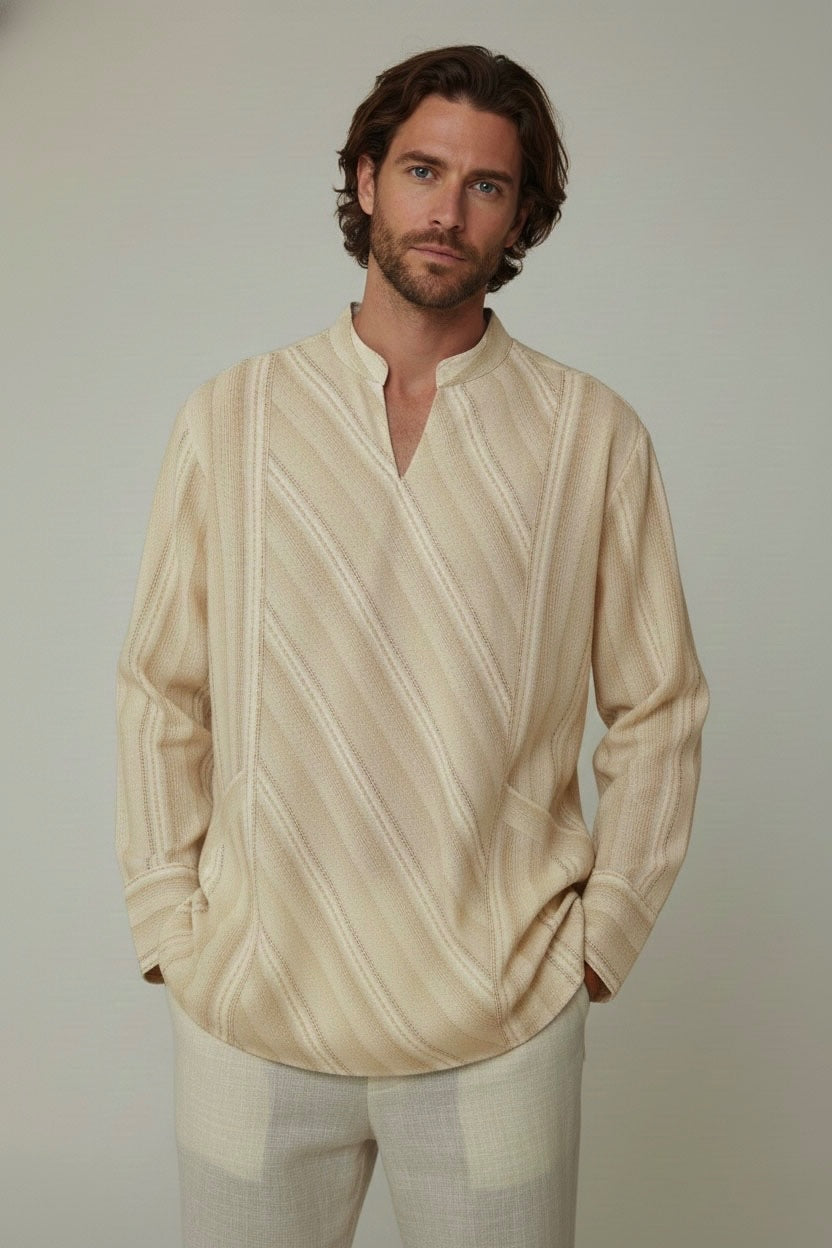 Man wearing a beige textured handcrafted smart-casual kurta shirt.