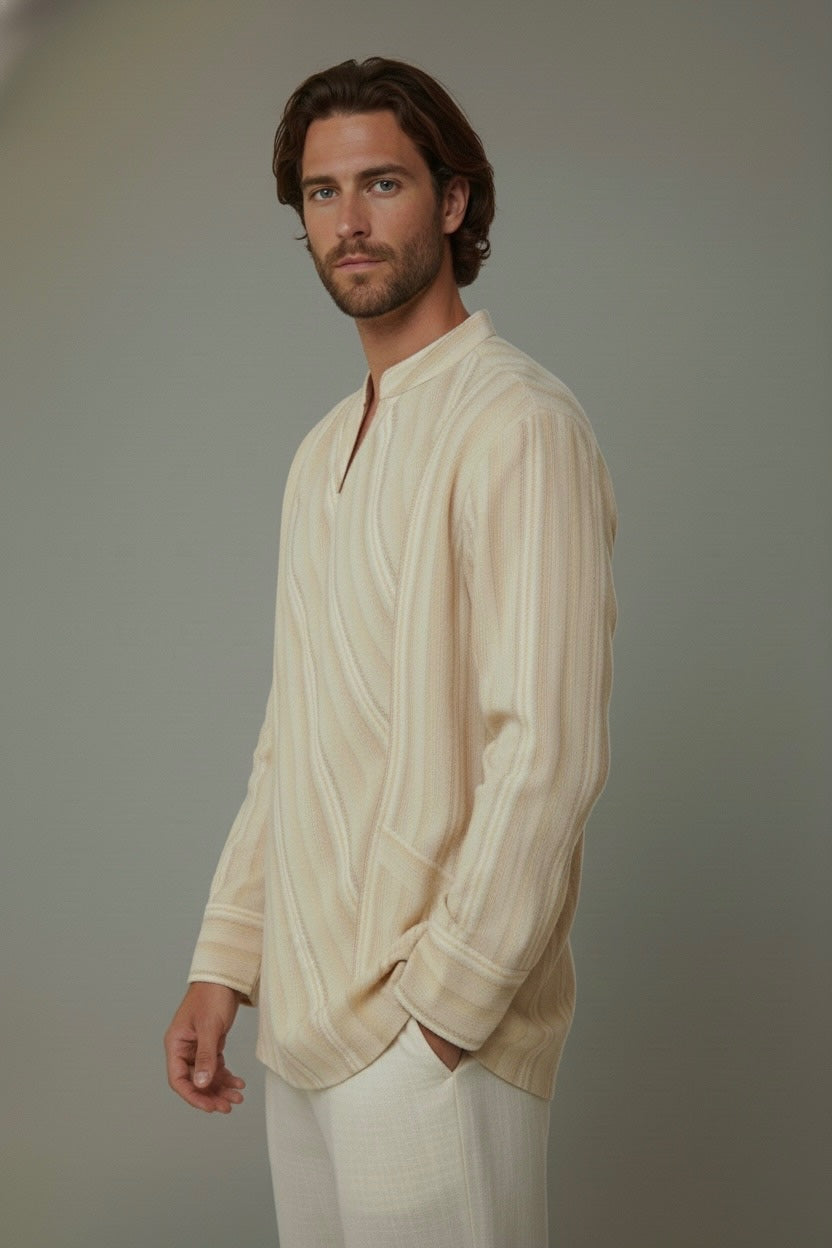 Side profile of beige handcrafted textured kurta shirt with V-notch neckline