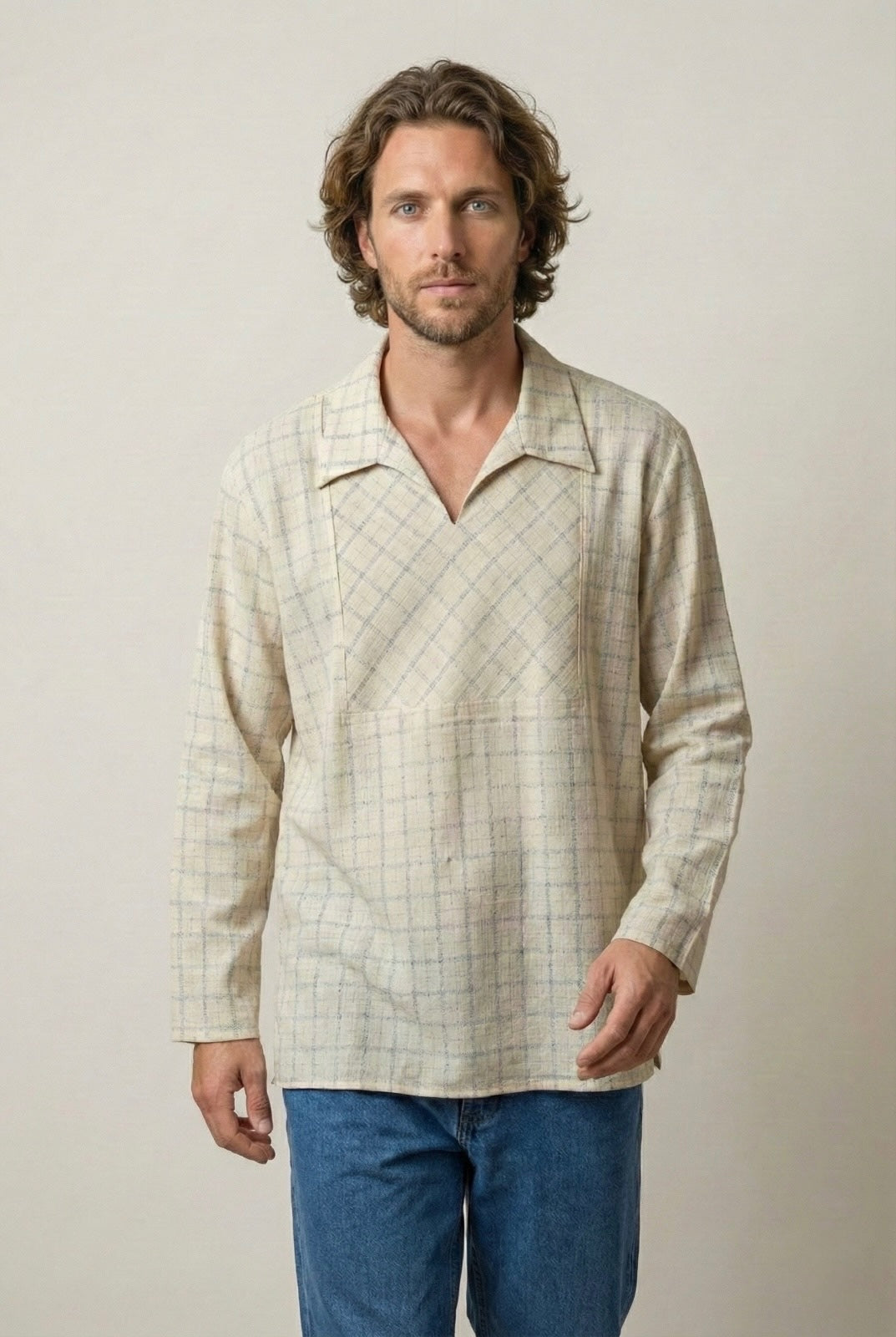 Full-body view of beige checked soft-collar shirt with relaxed V-front