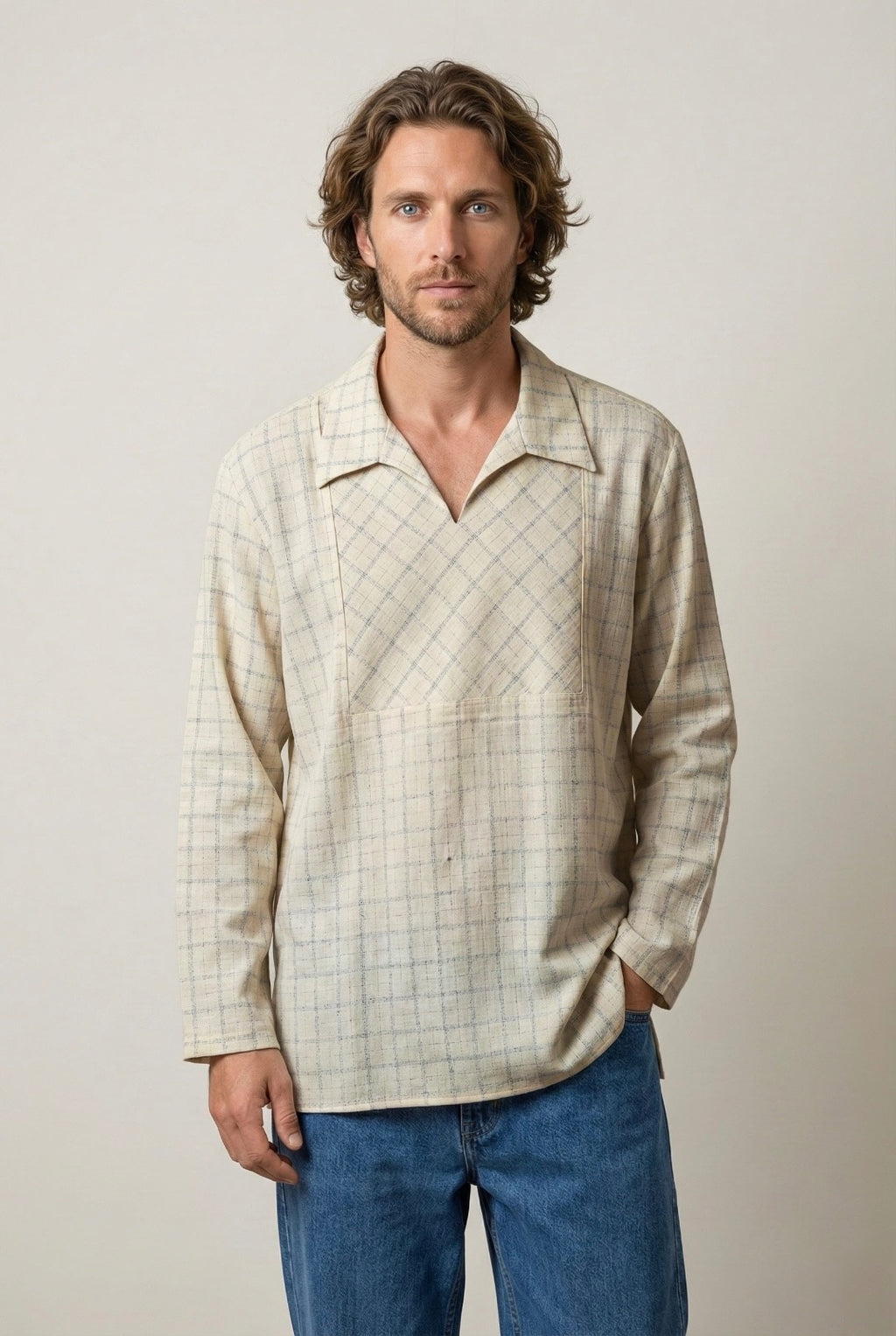 Man wearing a beige checked handcrafted smart-casual shirt