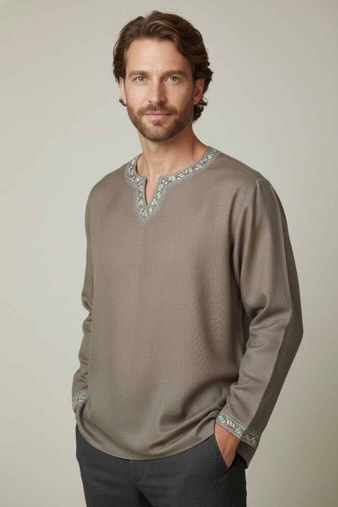Textured cream woven cotton shirt with handcrafted pattern, smart-casual styl