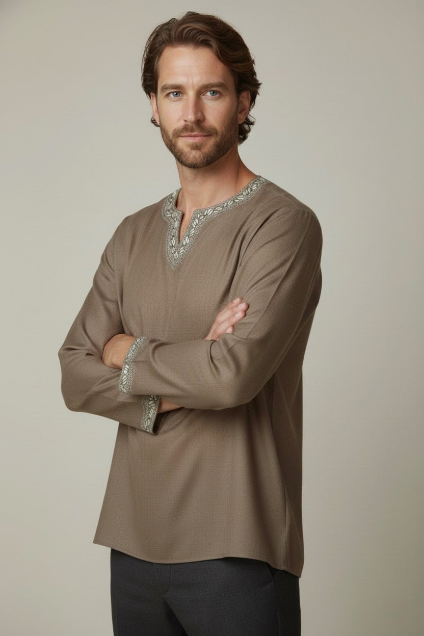 Side view of brown handcrafted cotton kurta with subtle embroidery.