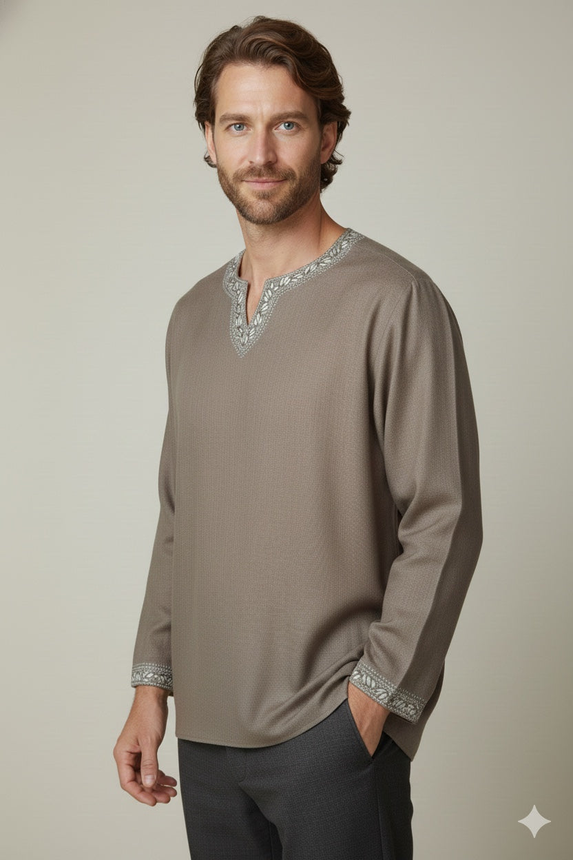 Full-body view of men’s brown embroidered kurta styled for smart-casual wear.