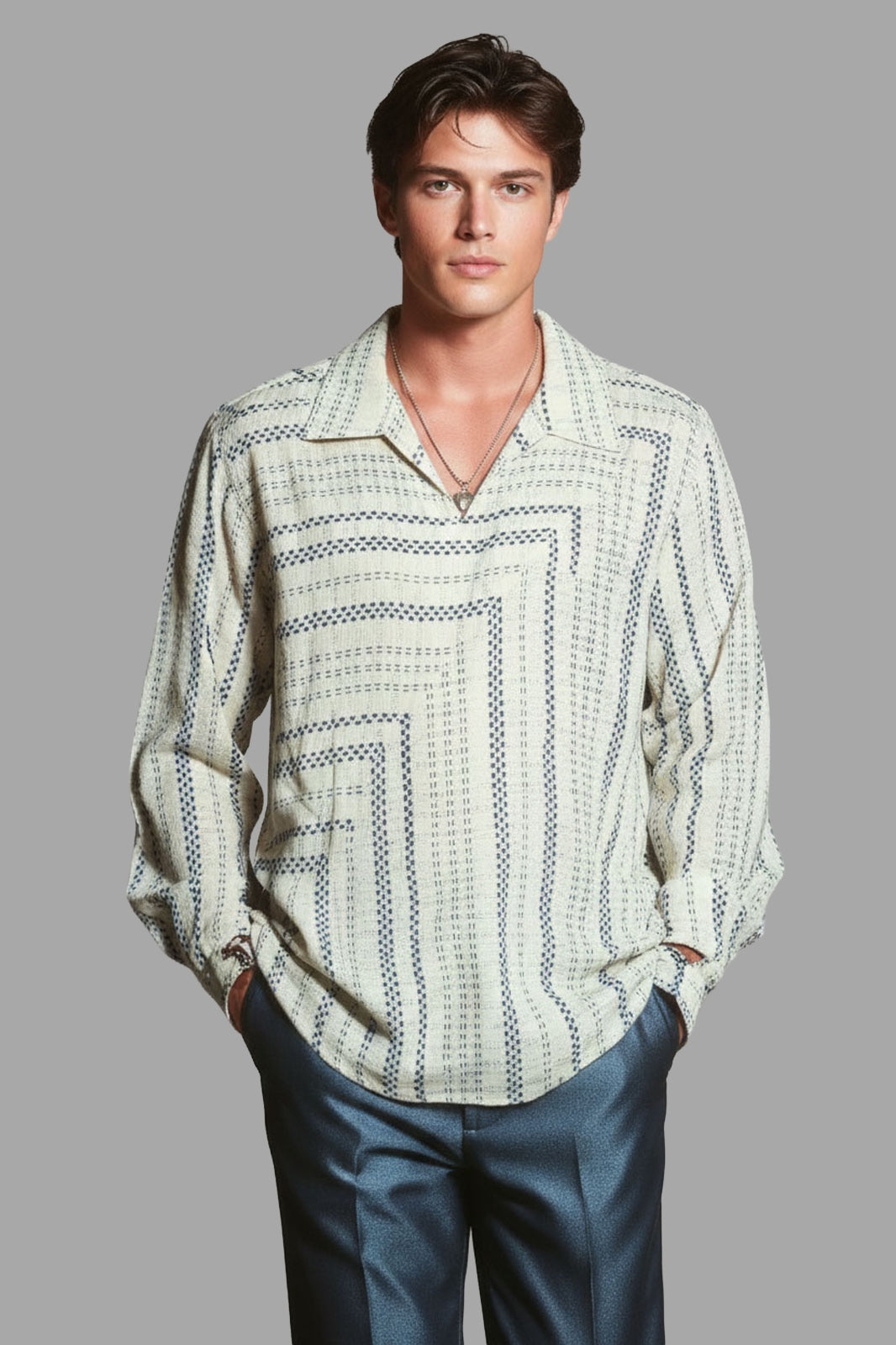 Textured cream woven cotton shirt with handcrafted pattern, smart-casual style