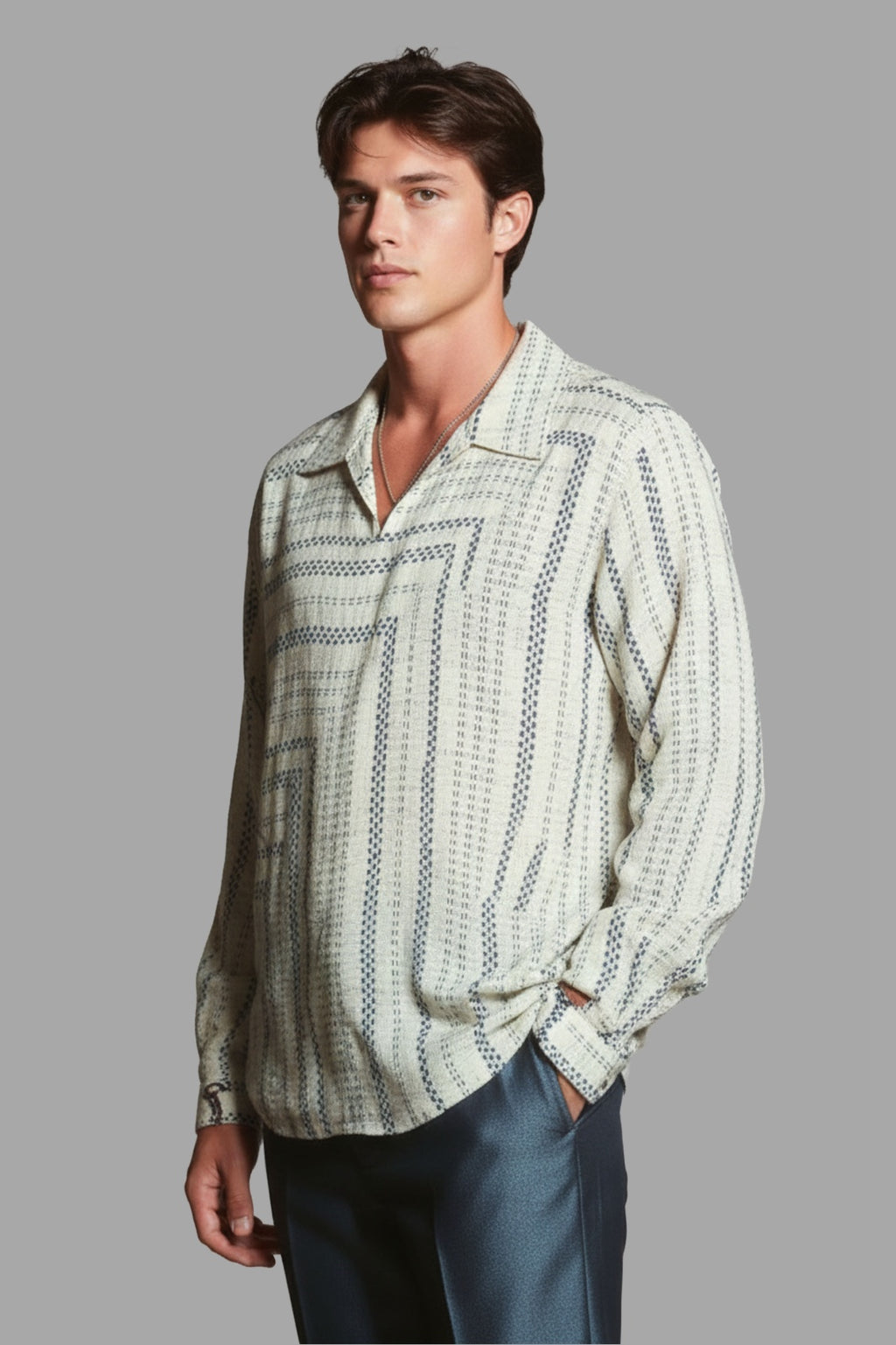 Man wearing a cream woven smart-casual cotton shirt with textured detailing