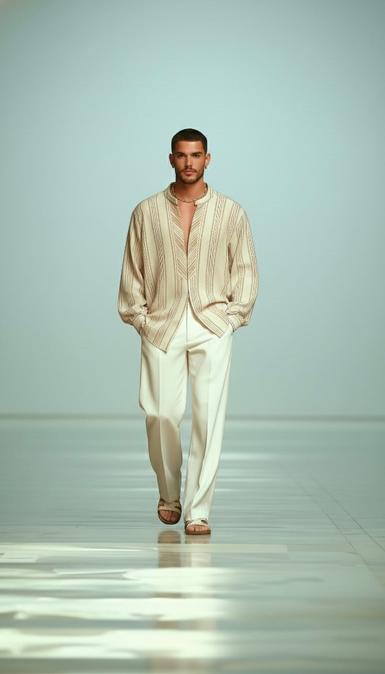 Man walking on a runway wearing a beige striped shirt and pants.
