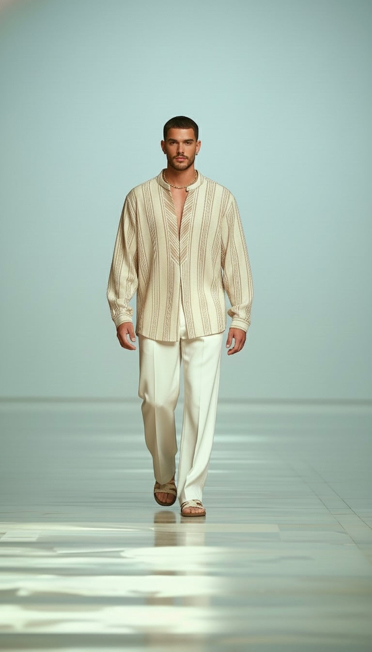 Premium soft-touch cream woven cotton shirt for men – full-length pose.