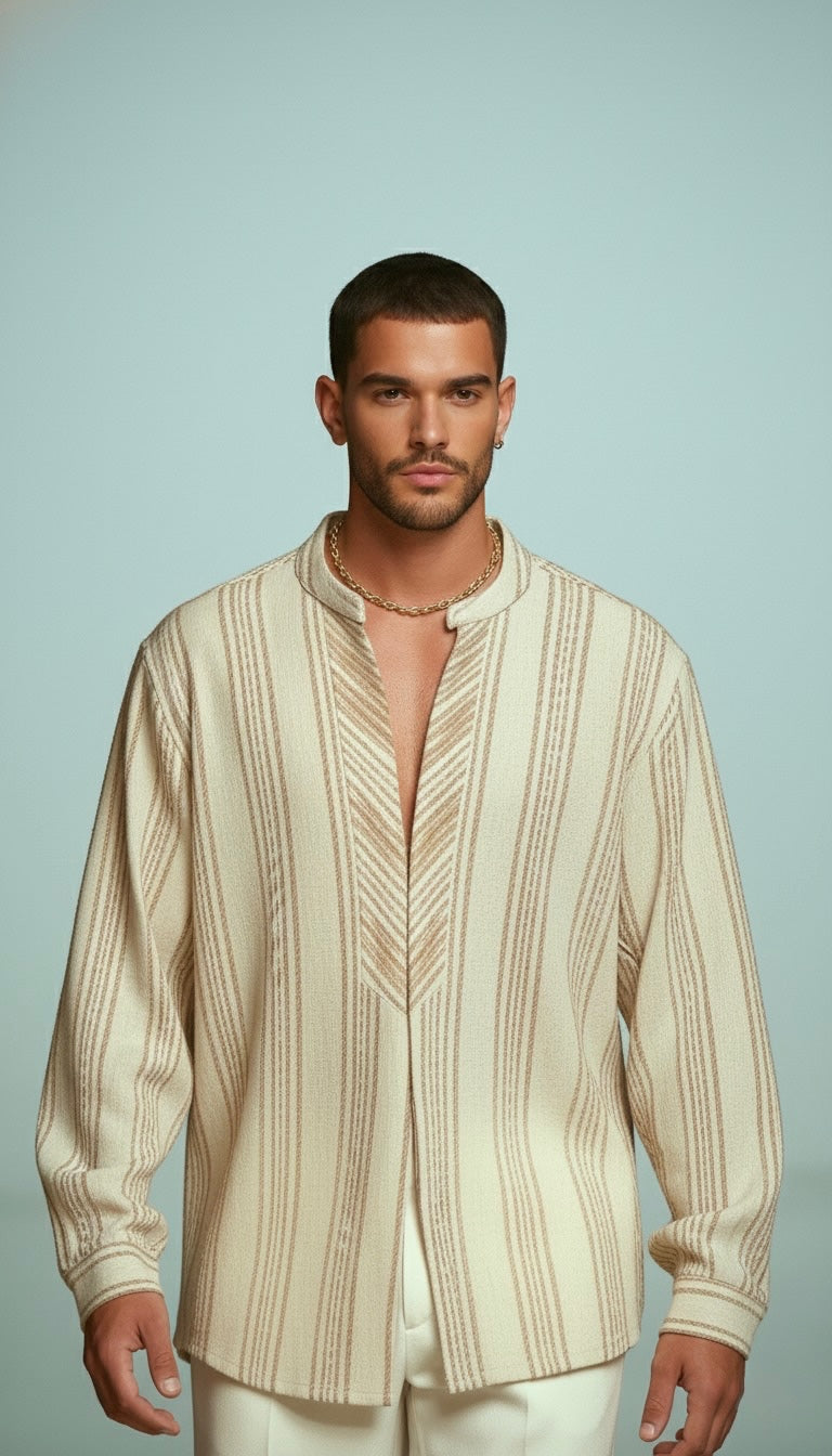 Men’s cream woven resort shirt with handcrafted textured stripes – front view.