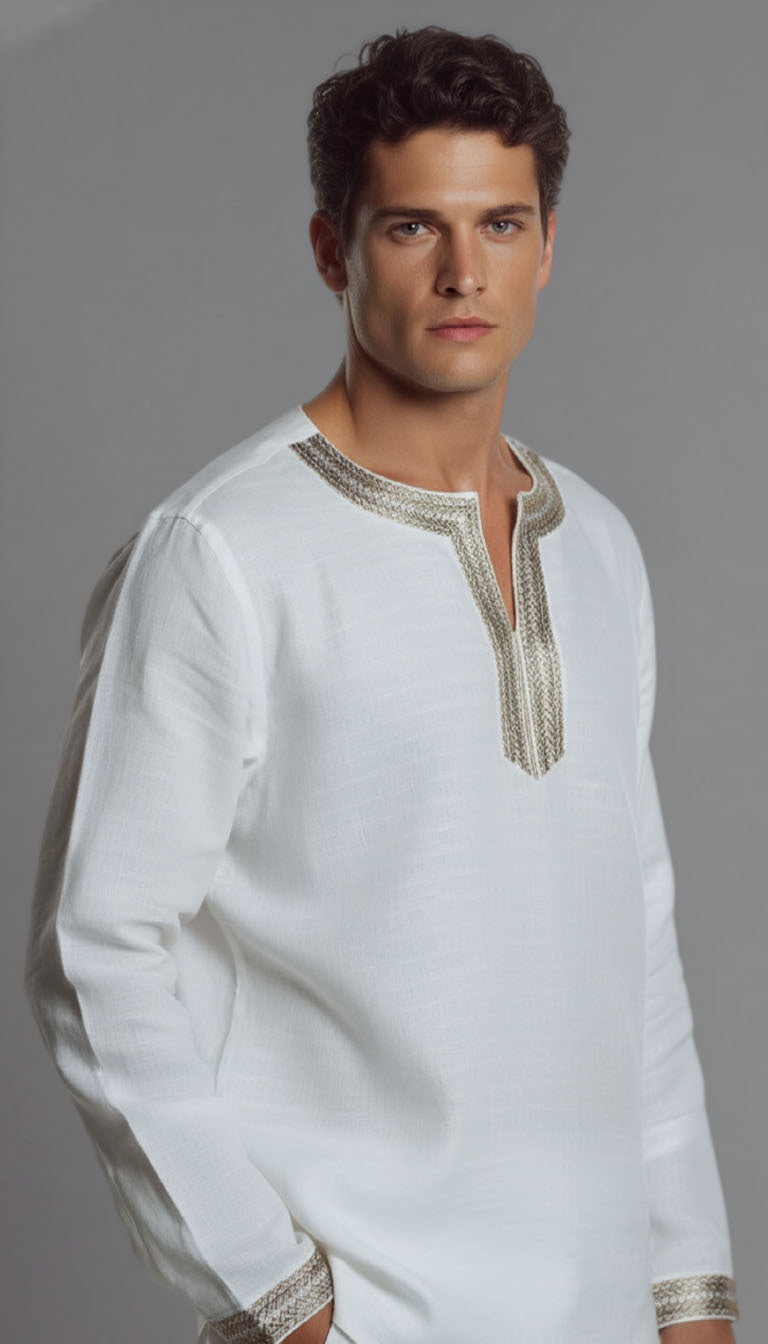 Model showcasing white handcrafted Giza cotton shirt in minimal indoor setting