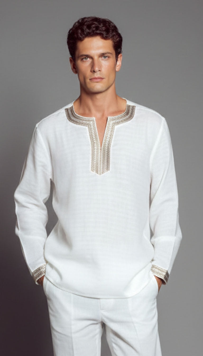 White premium Giza cotton resort shirt with hand-embroidered neckline.