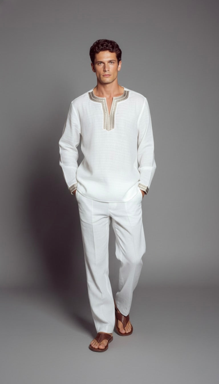 Men’s luxury white Giza cotton resort shirt with handcrafted embroidery – full-length front view