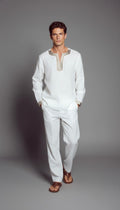 Men’s luxury white Giza cotton resort shirt with handcrafted embroidery – full-length front view