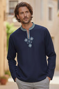 Men’s premium navy embroidered pure cotton kurta shirt – smart-casual style.